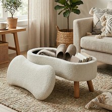 Zem Scala Sandıklı Bohem Ahşap Ayaklı Puf/Bench, Kırık Beyaz