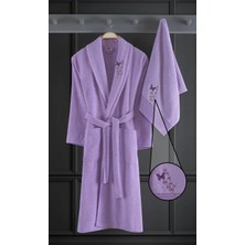 Binnur Home Alya Lila Nakışlı Pamuk Bornoz Seti 2 Parça Antibakteriyel ve Yumuşak Dokulu