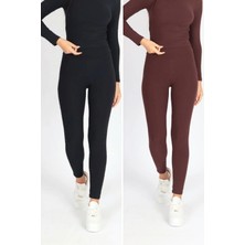 Soft & Basic Kadın 2'li Fit Toparlayıcı ve Esnek Premium Kumaş Siyah-Kahverengi Tayt
