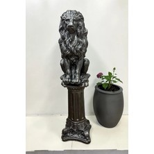 Libre Design Dekoratif 53 cm Metalik Antrasit Aslan ve Sütun Set Ev Balkon Bahçe Dekorasyon Biblo Heykel Obje