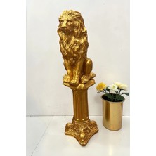 Libre Design Dekoratif 53 cm Gold Altın Aslan ve Sütun Set Ev Balkon Bahçe Dekorasyon Biblo Heykel