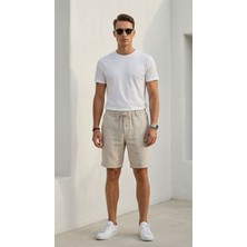 Plus Scorpion Erkek Keten Şort Lastikli Beli Bağcıklı Yazlık Rahat Kesim Günlük Casual Bermuda Şort