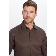Tudors Modern Slim Fit Uzun Kollu Pamuklu Kolay Ütülenebilir Armürlü Erkek Kahve Gömlek