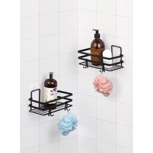 Okyanus Home - Sihirli Yapışkan Kancalı Siyah Lamalı 2 Adet Dikdörtgen Banyo Rafı