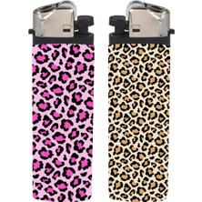 Huggy Craft Leopar Kahverengi & Pembe Baskılı 2'li Klasik Çakmak, Tekrar Doldurulabilir