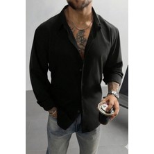 Tarz Cool Keten Görünümlü Yarım Oversize Uzun Kollu Erkek Gömlek