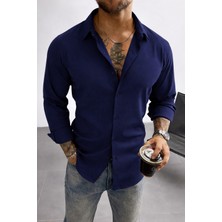 Tarz Cool Keten Görünümlü Yarım Oversize Uzun Kollu Erkek Gömlek