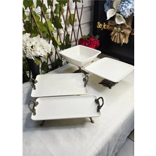 SEÇKİNEV Seçkinev Pisa 4 Parça Krem Porselen, Eskitme(Antik) Metal Ayaklı Porselen Sunum Tabağı Set