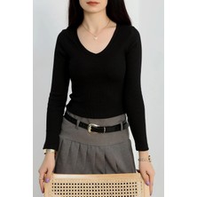 V Yaka Kaşkorse Bluz Siyah