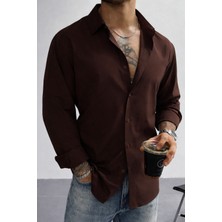 Tarz Cool Keten Görünümlü Yarım Oversize Uzun Kollu Erkek Gömlek