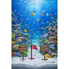 Baskıhomed - Akvaryum Dekoru Uyarı Tabela Üçlü Tabela Bayraklı Set