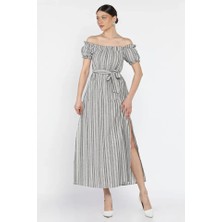 Madonna Yaka Midi Yırtmaçlı Kuşaklı Keten Elbise