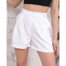 Çizgili Düğmeli Şort Beyaz S2551251