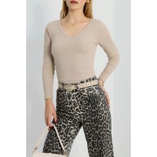 V Yaka Kaşkorse Bluz Bej