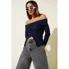 Madonna Yaka Düğmeli Bluz Lacivert