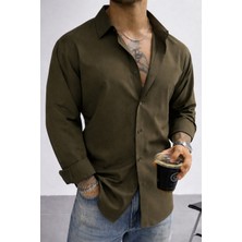 Tarz Cool Keten Görünümlü Yarım Oversize Uzun Kollu Erkek Gömlek
