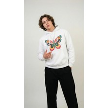 Hoxie Unisex Rahat Kesim Pamuklu Yumuşak Dokulu Içi Polarlı Basic Kelebek Baskı Kapüşonlu Sweatshirt