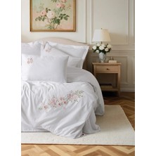 3D Nakışlı Çift Kişilik Saten Nev Takımı Floret Beyaz