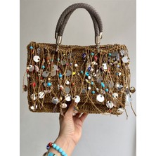 Gözde Tasarım Butik Kadın El Yapımı Tığişi Tasarım Püsküllü Boncuk Işlemeli Örgü Hasır Çanta