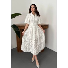 Cemo Kadın Sarı Kemerli Balon Kollu Jakarlı Midi Elbise