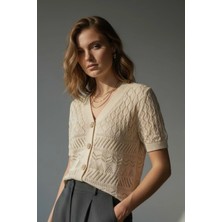 Irmak Kerekli Kadın Organik Pamuk Ahşap Düğmeli Kısakollu Ajurlu Triko Hırka 7256 Bej