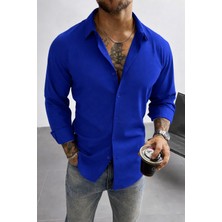 Tarz Cool Keten Görünümlü Yarım Oversize Uzun Kollu Erkek Gömlek