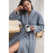 Green Black Afra Elite Serisi Kadın Pike Bornoz İndigo Mavi, Oeko Tex Standard 100 Sertifikalı %100 Ege Pamuğu, Dokuma 250 GSM