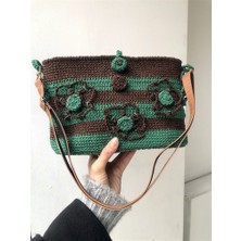 Gözde Tasarım Butik Kadın El Yapımı Yeşil Kahverengi Tığişi Örgü Tabanlı Çanta