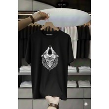 Unisex Oversize Baskılı Pamuklu Bisiklet Yaka Kısa Kollu Siyah T-Shirt Uluyan Kurt