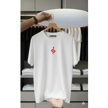 Unisex Oversize Baskılı Pamuklu Bisiklet Yaka Kısa Kollu Beyaz T-Shirt Kırmızı Yılan