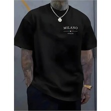 Unisex Oversize Baskılı Pamuklu Bisiklet Yaka Kısa Kollu Siyah T-Shirt Milano Italy Küçük