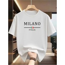 Unisex Oversize Baskılı Pamuklu Bisiklet Yaka Kısa Kollu Beyaz T-Shirt Milano Italy Orta