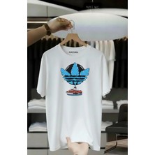Unisex Oversize Baskılı Pamuklu Bisiklet Yaka Kısa Kollu Beyaz T-Shirt Gemi Bulutu Sarmal