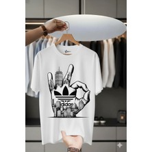 Unisex Oversize Baskılı Pamuklu Bisiklet Yaka Kısa Kollu Beyaz T-Shirt Yöresel El
