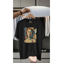 Unisex Oversize Baskılı Pamuklu Bisiklet Yaka Kısa Kollu Siyah T-Shirt Sanatsal