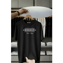 Unisex Oversize Baskılı Pamuklu Bisiklet Yaka Kısa Kollu Siyah T-Shirt Brooklyn