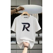Unisex Oversize Baskılı Pamuklu Bisiklet Yaka Kısa Kollu Beyaz T-Shirt R