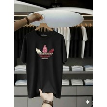 Unisex Oversize Baskılı Pamuklu Bisiklet Yaka Kısa Kollu Siyah T-Shirt Çiçekli Sarmal