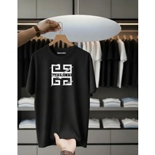 Unisex Oversize Baskılı Pamuklu Bisiklet Yaka Kısa Kollu Siyah T-Shirt Gıvencyy