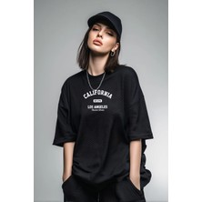 Unisex Oversize Baskılı Pamuklu Bisiklet Yaka Kısa Kollu Siyah T-Shirt Calıfornia