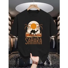 Unisex Oversize Baskılı Pamuklu Bisiklet Yaka Kısa Kollu Siyah T-Shirt Sahara