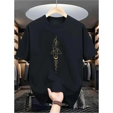 Unisex Oversize Baskılı Pamuklu Bisiklet Yaka Kısa Kollu Siyah T-Shirt Simge