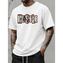 Unisex Oversize Baskılı Pamuklu Bisiklet Yaka Kısa Kollu Beyaz T-Shirt Hustle
