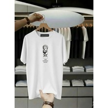 Unisex Oversize Baskılı Pamuklu Bisiklet Yaka Kısa Kollu Beyaz T-Shirt Plato