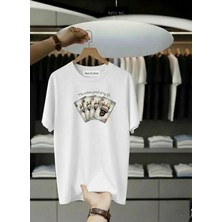 Unisex Oversize Baskılı Pamuklu Bisiklet Yaka Kısa Kollu Beyaz T-Shirt Iskambil