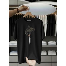 Unisex Oversize Baskılı Pamuklu Bisiklet Yaka Kısa Kollu Siyah T-Shirt Serçe