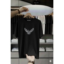 Unisex Oversize Baskılı Pamuklu Bisiklet Yaka Kısa Kollu Siyah T-Shirt Kartal