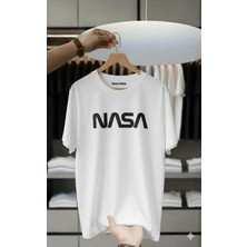 Unisex Oversize Baskılı Pamuklu Bisiklet Yaka Kısa Kollu Beyaz T-Shirt Nasa