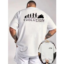 Unisex Oversize Baskılı Pamuklu Bisiklet Yaka Kısa Kollu Beyaz T-Shirt Evolutıon Moto