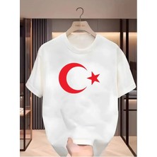 Unisex Oversize Baskılı Pamuklu Bisiklet Yaka Kısa Kollu Beyaz T-Shirt Ay Yıldız Kırmızı